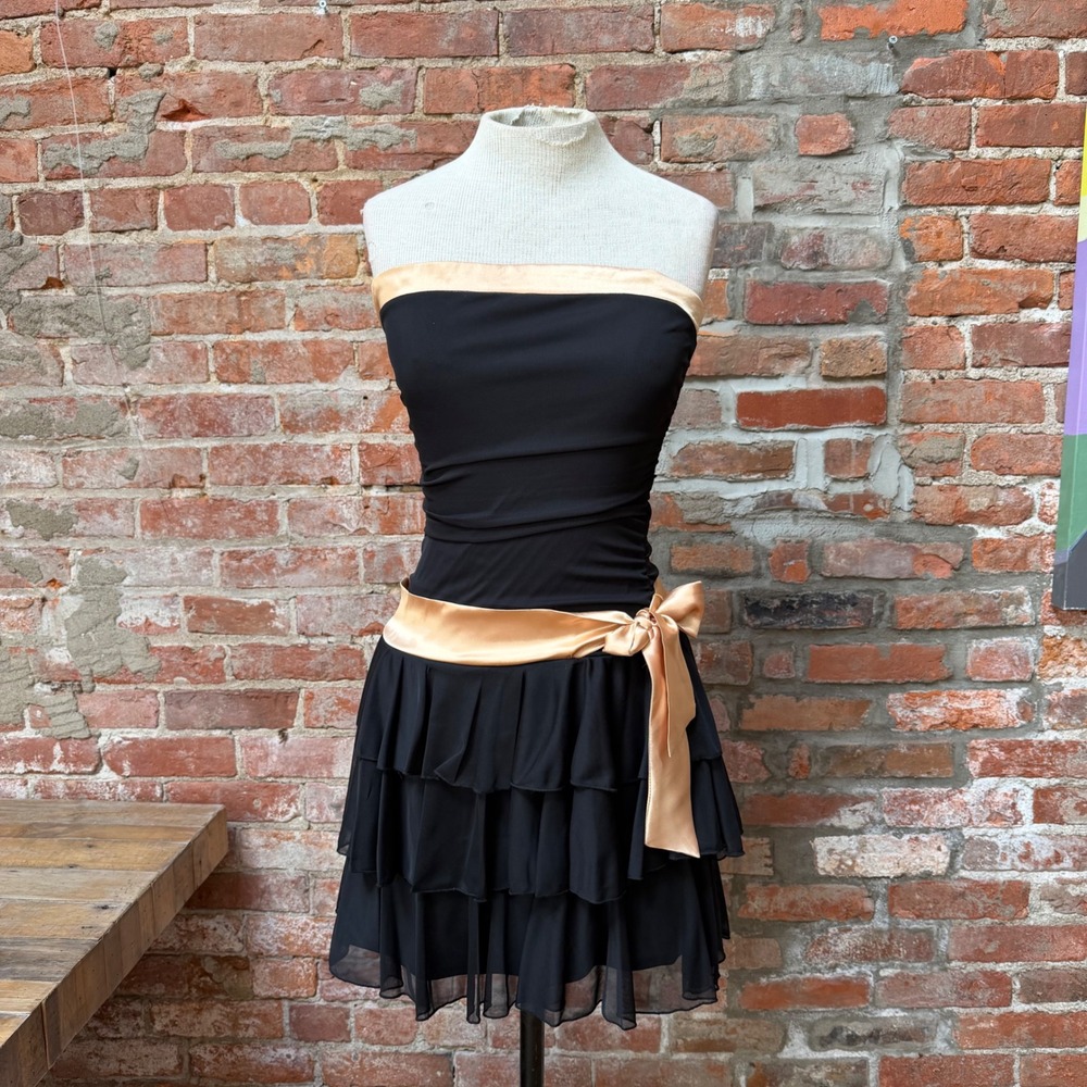 Byerwear Too! Y2k Strapless Mini Dress Black Gold Ruffle Tiered Fairy Small